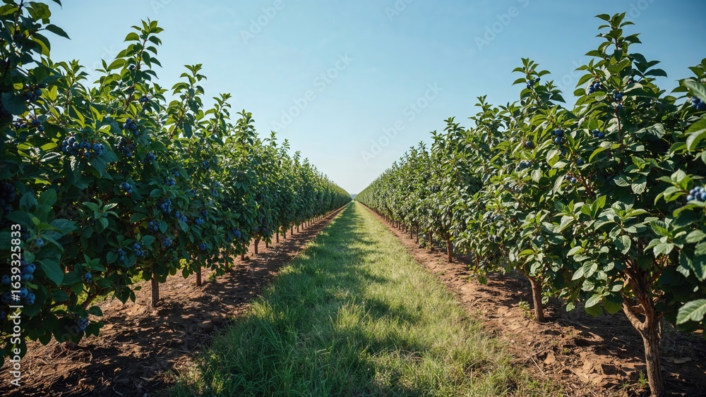 Obraz premium Extensive organic farm showcases rows of thriving blueberry plants bearing ripe, sweet berries beneath a bright sky, with vibrant green grass between the rows.