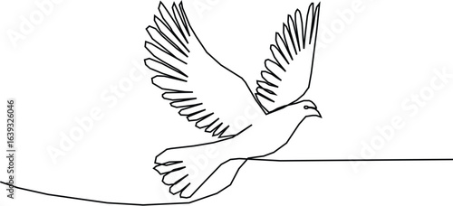 Continuous one line drawing of flying bird. Minimalist bird, dove, pigeon outline design. Editable active stroke vector.