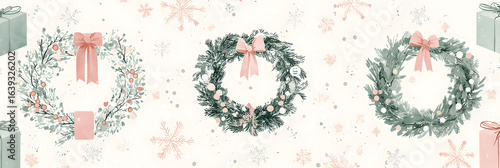Holiday Wreath Pattern in Muted Green and Pink Tones