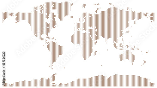 Vertical line shape world map with clear outlines of each continent. Vertical line shape halftone pattern world map for modern geographic design projects