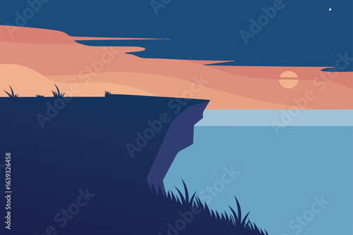 Minimalist Seascape Illustration at Dusk with Coastal Cliff and Calm Ocean Waters a Serene and Peaceful Landscape