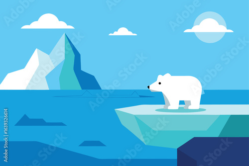 Polar Bear on Iceberg in Arctic Illustration with Clean Lines and Simple Geometric Shapes against a Blue Sky Landscape