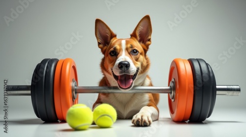 Energetic dog lifts weights indoor gym pet photography playful environment close-up view fitness concept