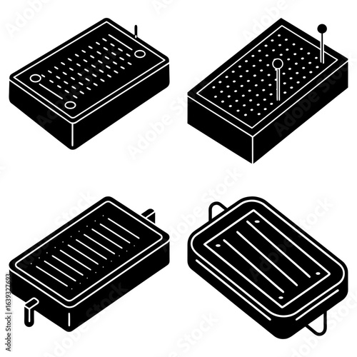 Isometric views of four black rectangular objects with varying surface designs and small protruding elements