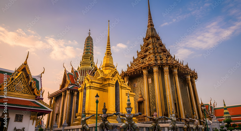 Fototapeta premium Golden Grand Palace: A striking panorama of the magnificent Grand Palace shimmering under a serene sunset, an emblem of Thailand's rich culture and architectural beauty.