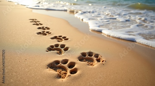 Paw prints in the sand beach nature photography coastal environment serene viewpoint pet adventure concept