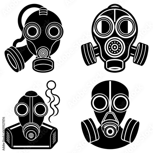 Four gas masks depicted in black and white showing different styles and designs of protective gear