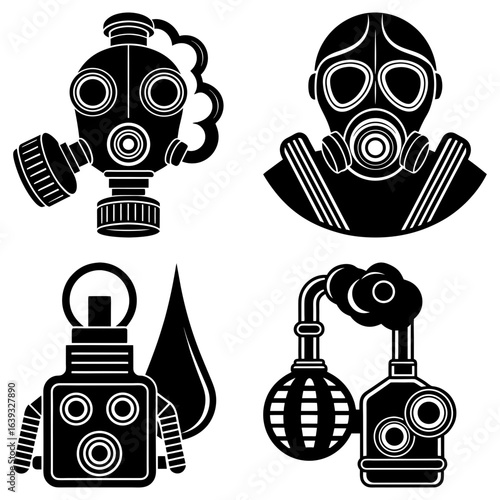 Collection of gas masks and industrial equipment in black and white vector illustration style design