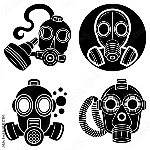 Collection of four stylized gas mask illustrations in black and white vector format design asset