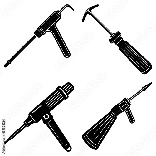 Illustration of four different types of caulking guns and tools in a black and white drawing style