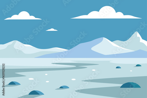 Serene Arctic Landscape with Snowy Mountains and Ice Floes Peaceful White Clouds and Calm Blue Sky Graphic Vector Illustration