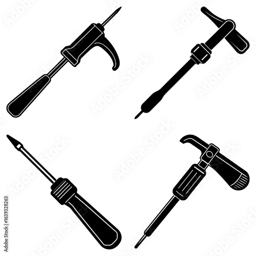 Illustration showing four different styles of black colored awls and screwdrivers on a white background