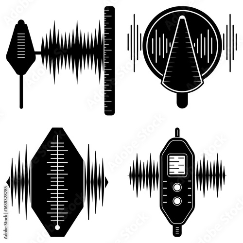 Illustration of four different sound level meters with sound waves in a black and white design