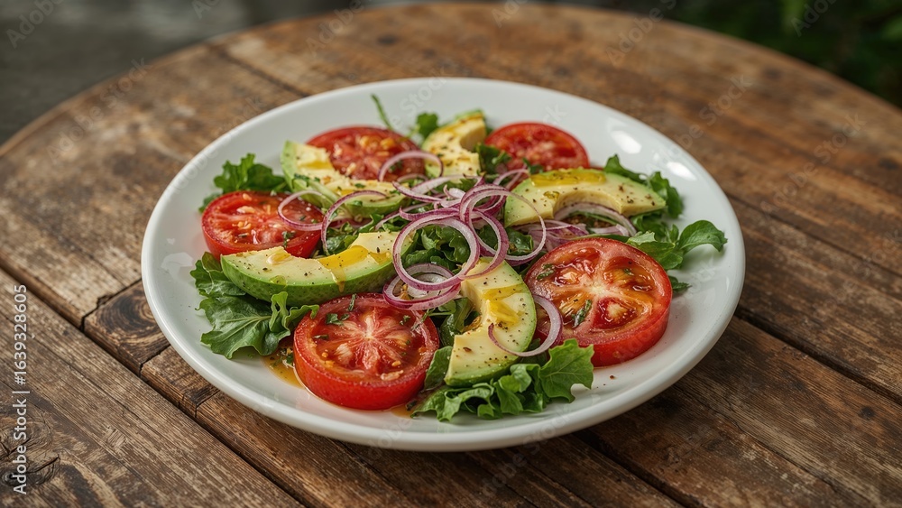 Wholesome salad combining fresh tomatoes, avocado, onions, and greens with olive oil Wholesome salad combining fresh tomatoes, avocado, onions, and greens with olive oil