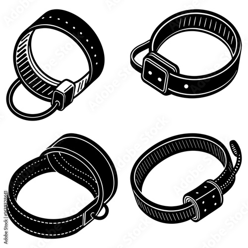 Illustration showing four different black and white straps with buckles and distinct design features