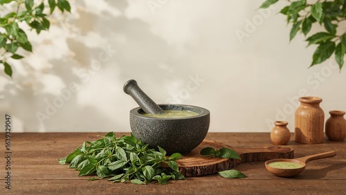 Boiled leaf mixture made with mortar and pestle to boost health against seasonal sickness.