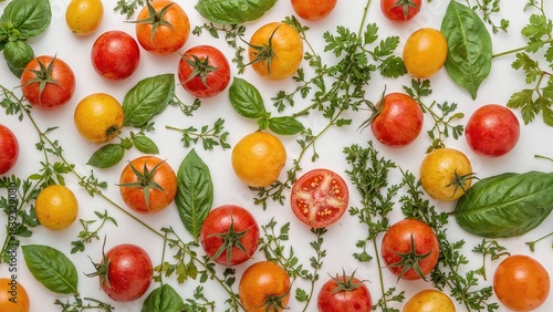 Nutritious ingredients backdrop - fresh tomatoes and assorted wild herbs on a clean surface, bright hues, vitamin-rich cuisine