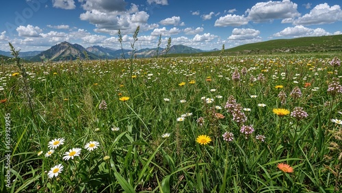 Alpine Meadow Blooming with Summer Herbs and Plants