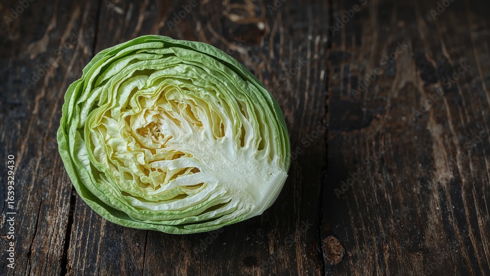 Obraz premium Segment of Savoy Cabbage Placed on a Rough Dark Table