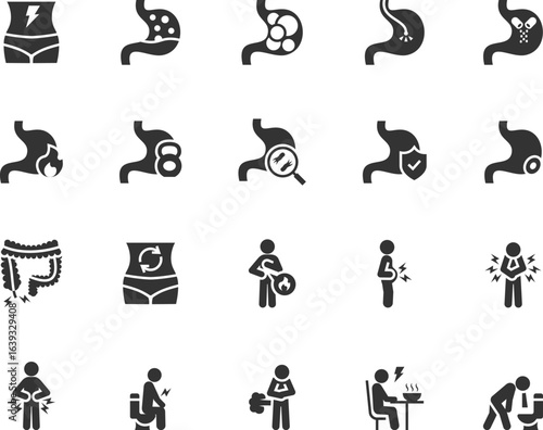 Vector set of stomach disease flat icons. Contains icons stomach pain, flatulence, heartburn, diarrhea, belching, bloating, constipation, appendicitis, vomiting and more. Pixel perfect.