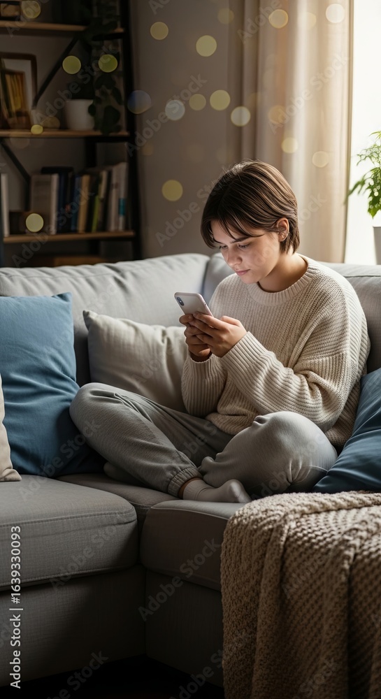 Obraz premium Young Woman Relaxing on Sofa While Using Smartphone at Home