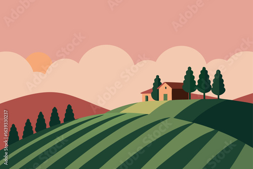 Serene Tuscan Landscape with Rolling Hills Farmhouse and Cypress Trees at Sunset Vector Illustration