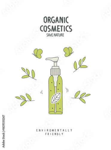 Vector illustration of organic essence with green leaves.Organic Cosmetics. Environmentally friendly planet concept. Think Green