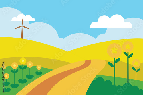 Stylized Illustration of Renewable Energy Landscape with Wind Turbine and Yellow Flowers on Sunny Day with Clouds