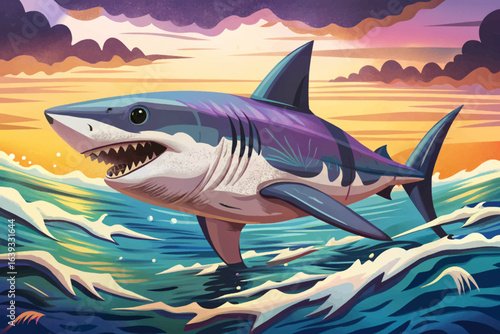 Mako shark speeding through open ocean, streamlined body, fastest shark species cartoon wallpaper