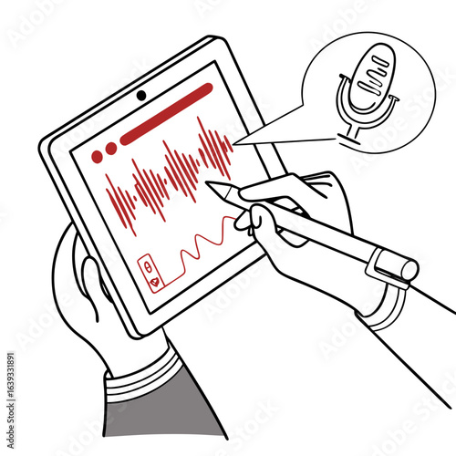 Abstract red soundwave and music player icon on black background with gray shape