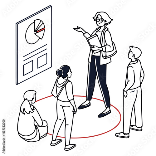 Business meeting with a presenter showing a pie chart on a board to a small group