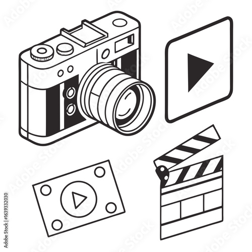 Collection of isometric icons representing photography and videography equipment and symbols