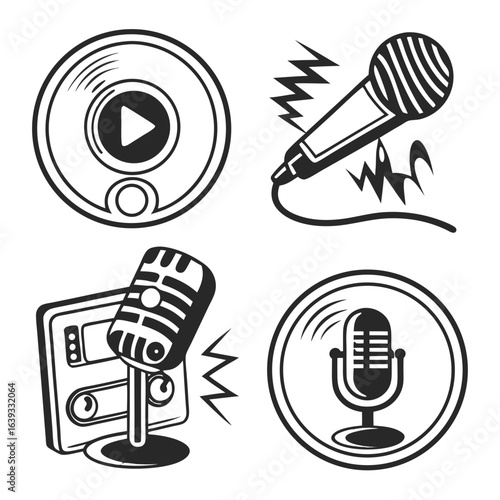 Collection of stylized icons representing audio recording and music playback