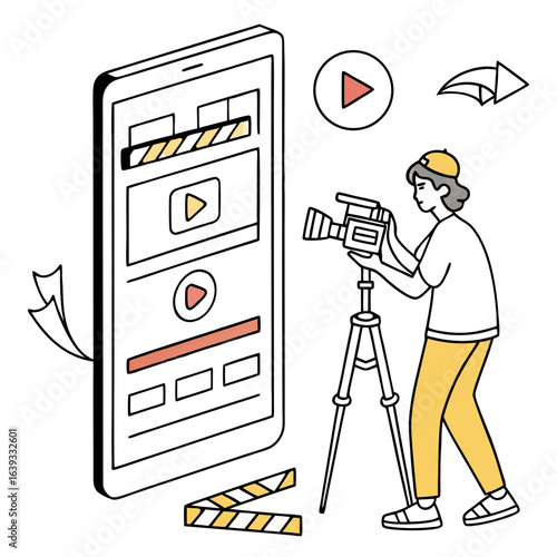 Filmmaker with clapperboard and play button symbols on black background