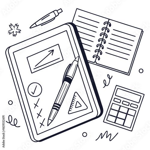 Hand drawn illustration of office supplies including a notebook calculator pens and a ruler
