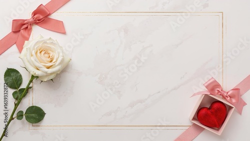 Celebrate love with an elegant greeting card showcasing a white rose, a pretty bow, and a heart inside a gift box on a textured paper backdrop.