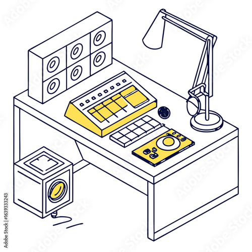 Modern music production setup with dj turntable and beat making equipment on a desk