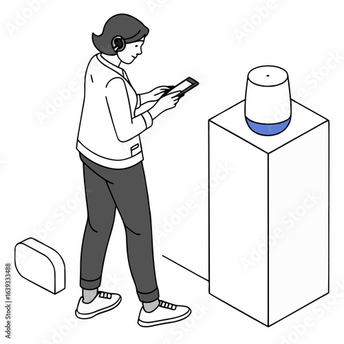 Person interacting with smart speaker using a mobile phone and earbuds