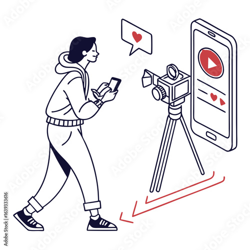 Person using smartphone to film content on camera for social media with likes and play button