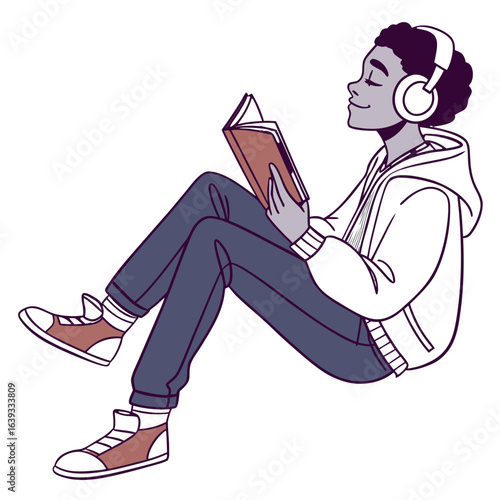 Person wearing headphones reading a book with eyes closed in a relaxed pose