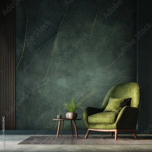 Green leaf textured wall interior design, relaxing armchair