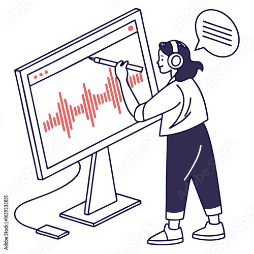 Person wearing headphones works on a computer displaying an audio waveform and sound editing software