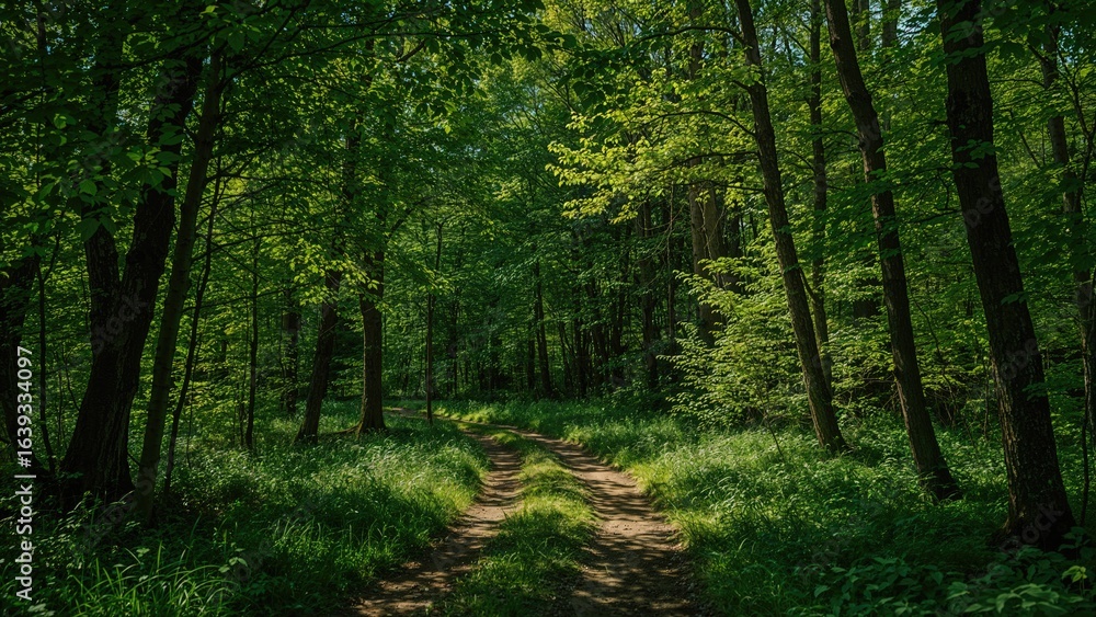 Naklejka premium Woodland pathway with shadows and lush greenery