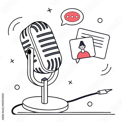 Retro microphone broadcasting audio with chat bubbles and video call icon