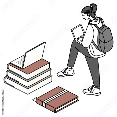 Student with backpack and laptop on stack of books representing education and learning