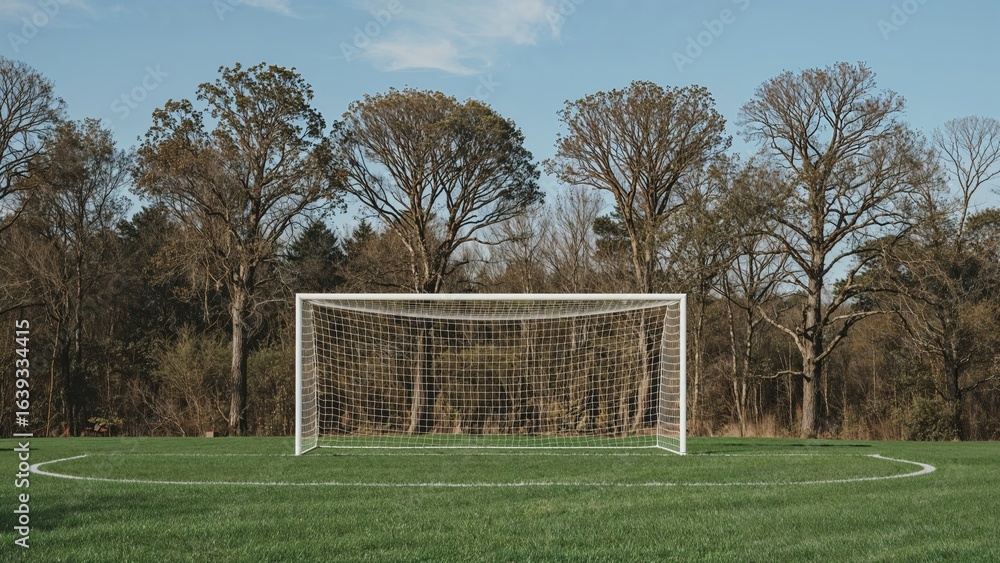 Fototapeta premium Soccer goal frame featuring a mesh net, set against a backdrop of lush greenery