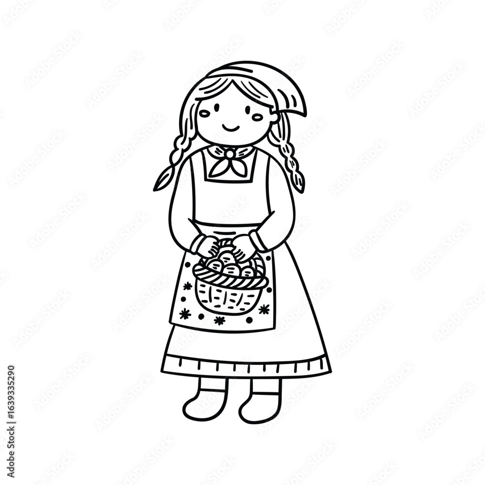 Fototapeta premium Hand drawn woman holding bread basket outline element icon