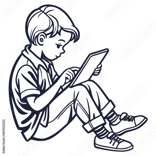Young boy focused on using a digital tablet while sitting on the floor