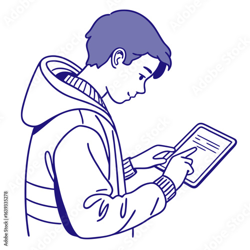 Young person in a hoodie using a tablet computer with a focused expression