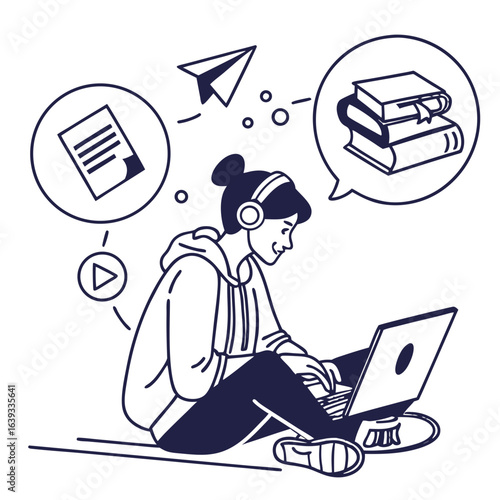Young person with headphones learning online with laptop and educational icons